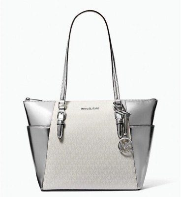 New Michael Kors Charlotte Large Logo and Metallic Tote Bag Silver