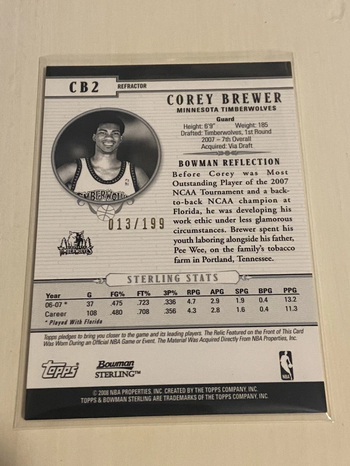 Corey Brewer 2007-08 Bowman Sterling 新秀球衣贴片折射器 /199 🏀🔥🎨 — 第 3/3 张图片