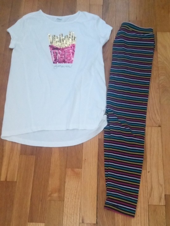 girl large tee sequin design and stripe leggings