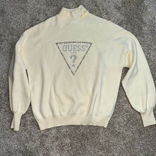 GUESS Margot Cut-Out Rhinestone Logo Sweater Mock Neck Cream White Size sm a338