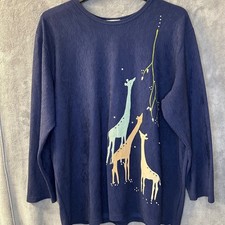 Vintage Giraffe Animal Graphic Womens 2XL Navy Blouse Crinkle Top USA Made
