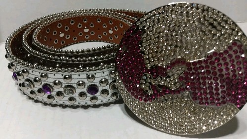 bb Simon Italian Leather Belt Fushia Silver World Buckle Swarovski Chrystals 