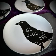 All Hallows Eve Crow Design | Halloween Line Art Decorative Plates | Set Of 4