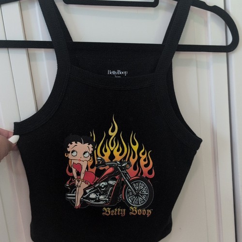 Betty Boop Black Ribbed Crop Tank Top Motorcycle Flames Graphic Cotton Blend