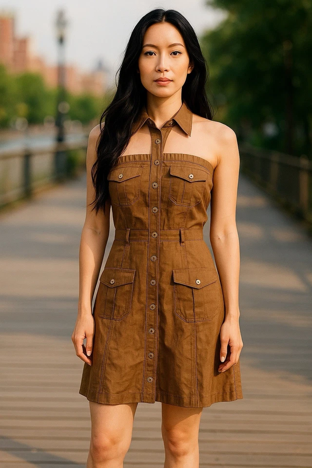 JC de Castelbajac Linen Dress Womens 12/14 Tan Backless Old Money Quiet Luxury - Image 2 of 4