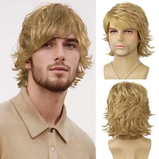 Mens Blonde Wig Short Layered Natural Wavy Heat Resistant Synthetic Hair Wigs Ma