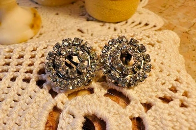 Boucles d'oreilles anciennes strass verre argenté clips - Photo 1/4