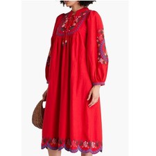 FARM RIO Red Embroidered Cross Stitch Long Sleeve Linen Midi Maxi Dress Size XS