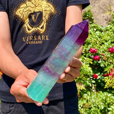 1.8LB  Natural rainbow fluorite obelisk quartz crystal wand point Gem Healing
