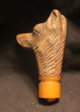 VINTAGE WOODEN CARVED DOG CANE/UMBRELLA HANDLE GLASS EYES