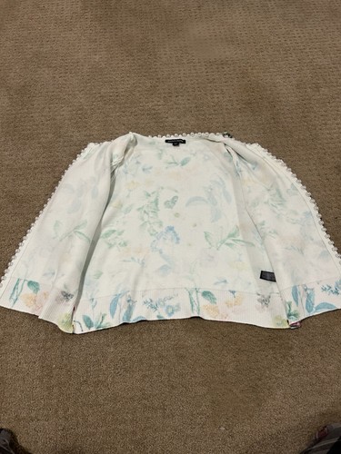 Boston Proper White Colorful Floral Pearl Trim Open Front Knit Cardigan - Picture 5 of 7