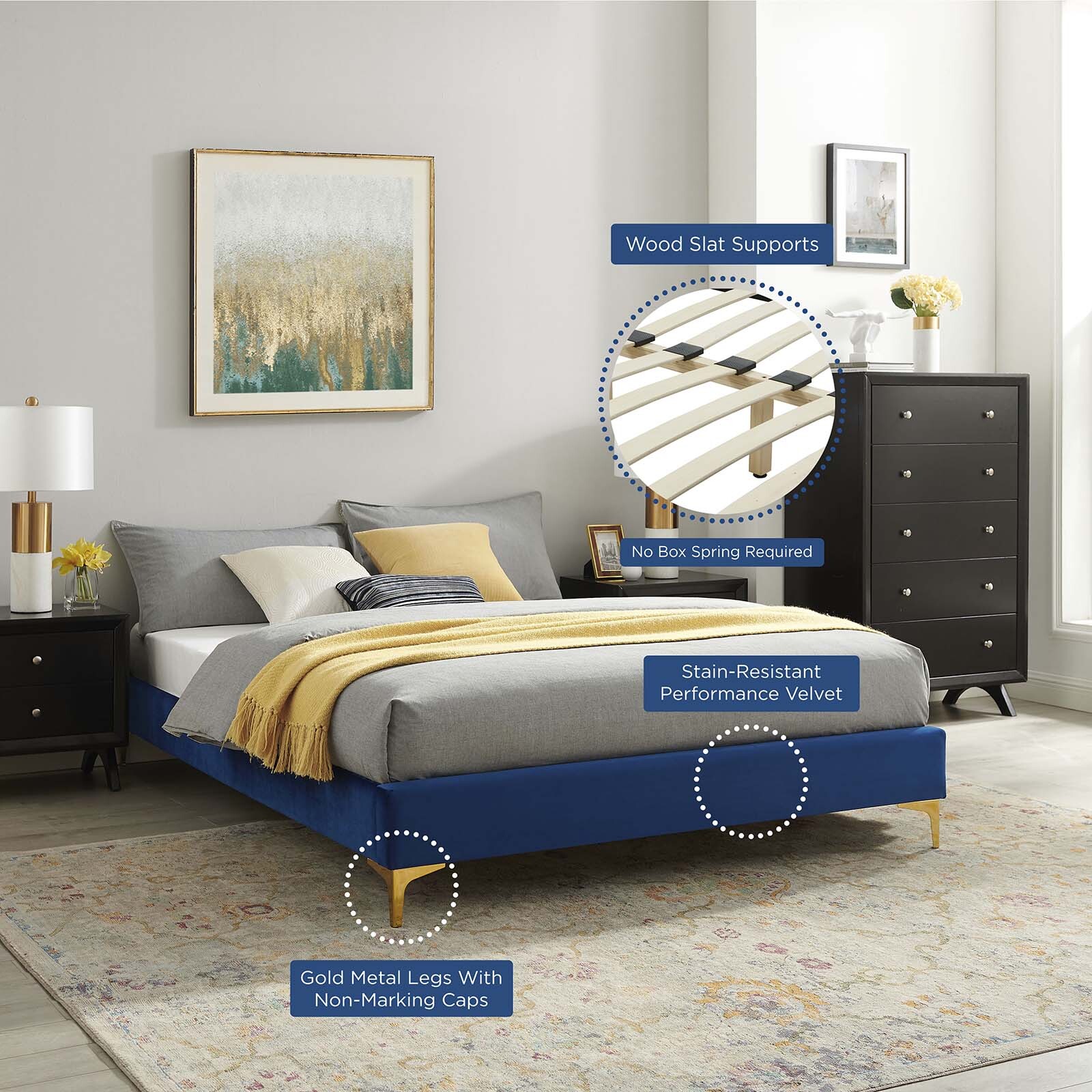 Modway Sutton Performance Velvet Queen Bed Frame in Navy