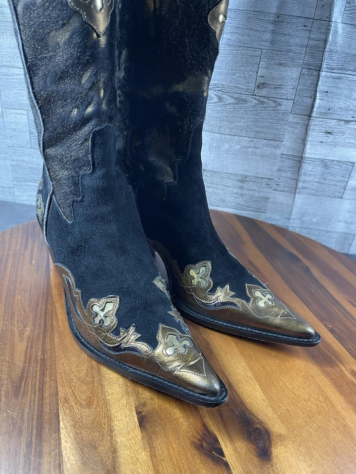 Donald Pliner Western Couture Boots Women 6 M Shoes Gold Leather Metallic Hair - Image 2 of 4