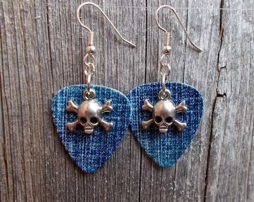 Small Skull and Crossbone Charms Guitar Pick Earrings - Pick Your Color - Picture 2 of 4