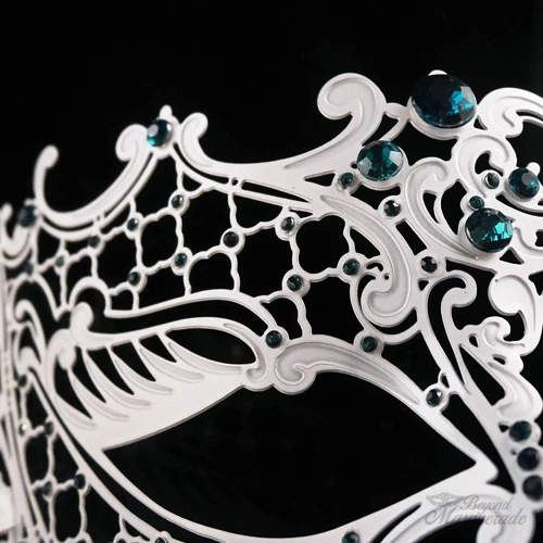 Woman Mask White Metal Phantom Venetian Ball Masquerade Mask w Green Rihnestones - Image 3 of 4