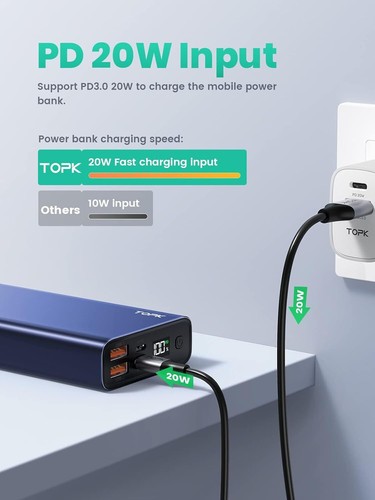 TOPK Power Bank, 20000mah 20W 3.0 Schnelles Aufladen USB C LED Display Blau - Afbeelding 3 van 9