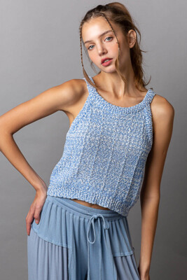 POL Clothing Women's Crochet Sleeveless Knit Sweater Top in Blue