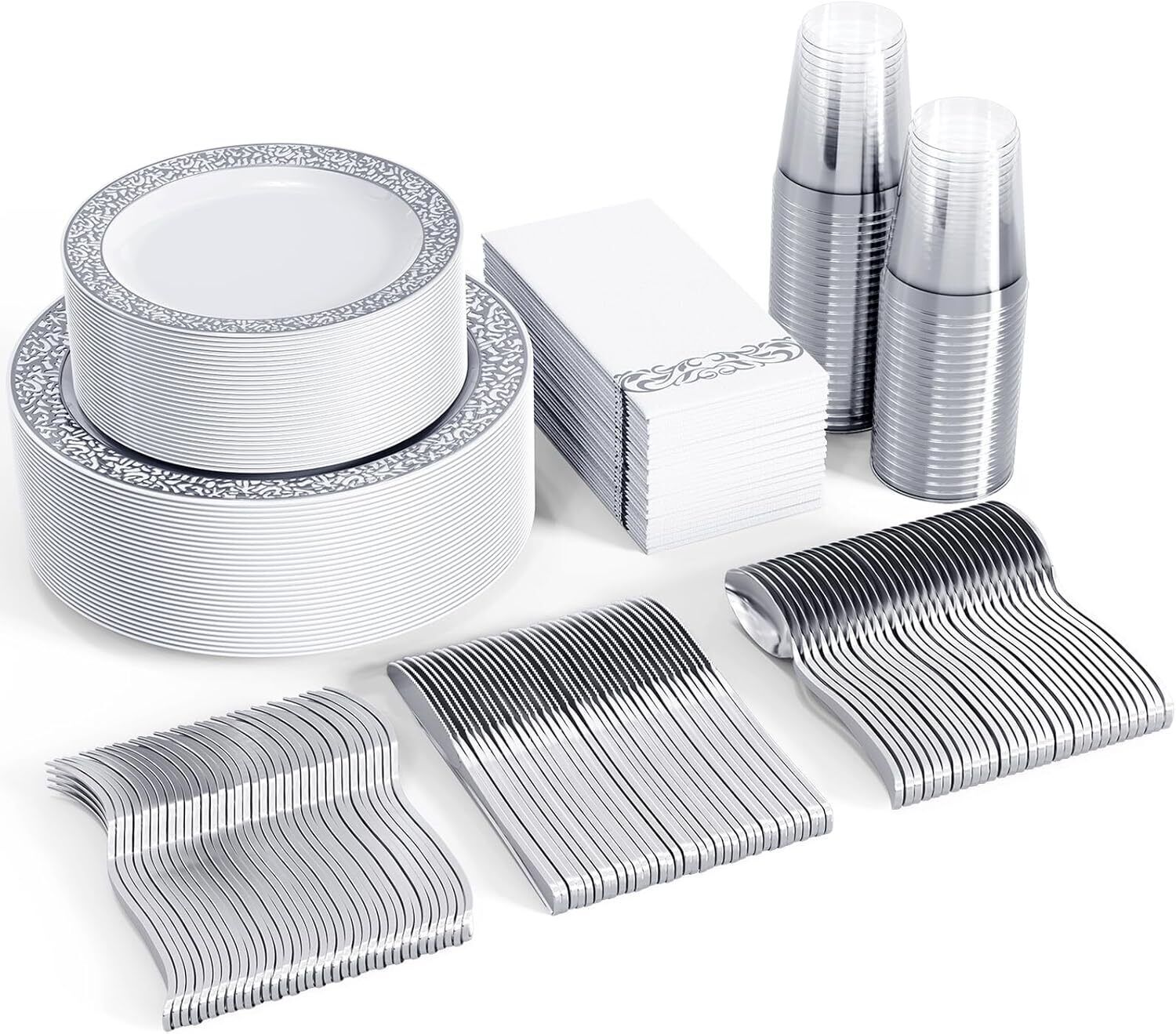 350-Piece Elegant Silver Lace Plastic Dinnerware Set – Perfect for Hosting 50 Guests in Style