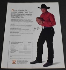 1990 Print Ad Nolan Ryan Justin Cowboy Crisis Fund Rodeo Strike Baseball Art MLB