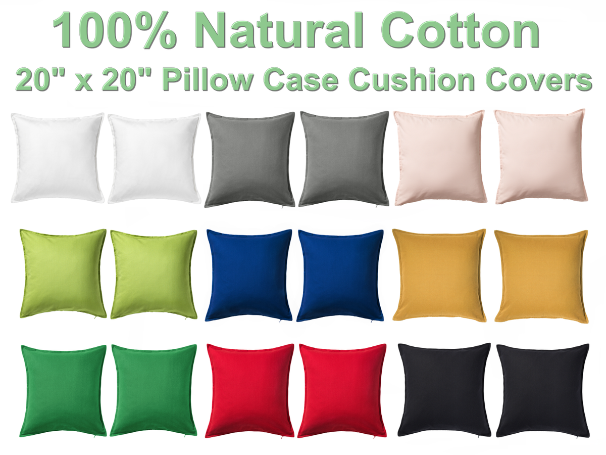 Solid Full Color Pillow Case Cushion Covers 20" x20" w Zip 100% Organic  Cotton