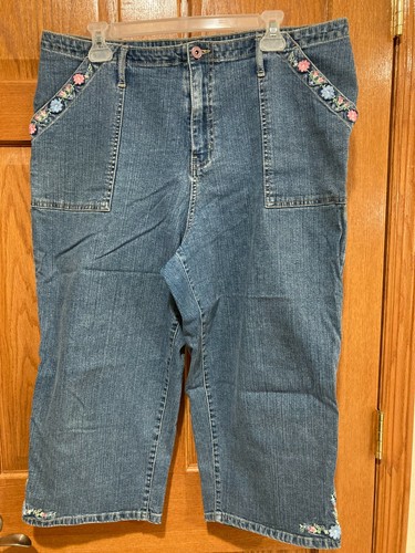 Vintage L.A. BLUES Damen 18 W Blue Jeans Capri Hose bestickt Blumen