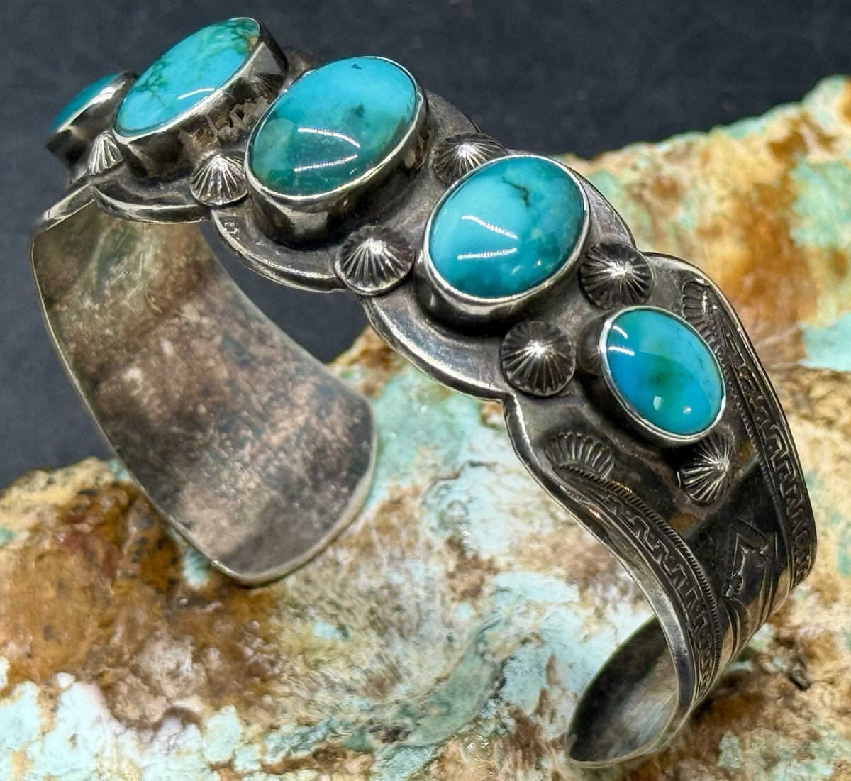 RARE 1940's Navajo FRED PESHLAKAI Signed Sterling Gem Turquoise