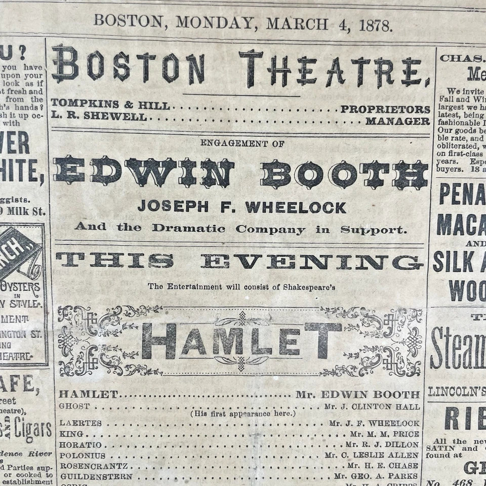 Programa enmarcado Hamlet Edwin Booth Boston Theatre The Ray Vol 7 #157 4 de marzo de 1878 Foto 2 de 4