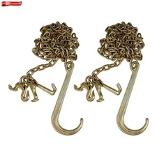 2 G70 5/16''x10' Transport Tow Chain J Hook Long Shank w/ RTJ & Grab Hook