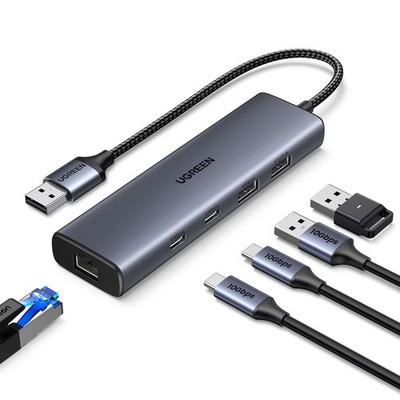 USB 3.2 Hub LAN Adapter Ethernet Adapter mit 2xUSB C Port und 2xUSB A Ports, ...