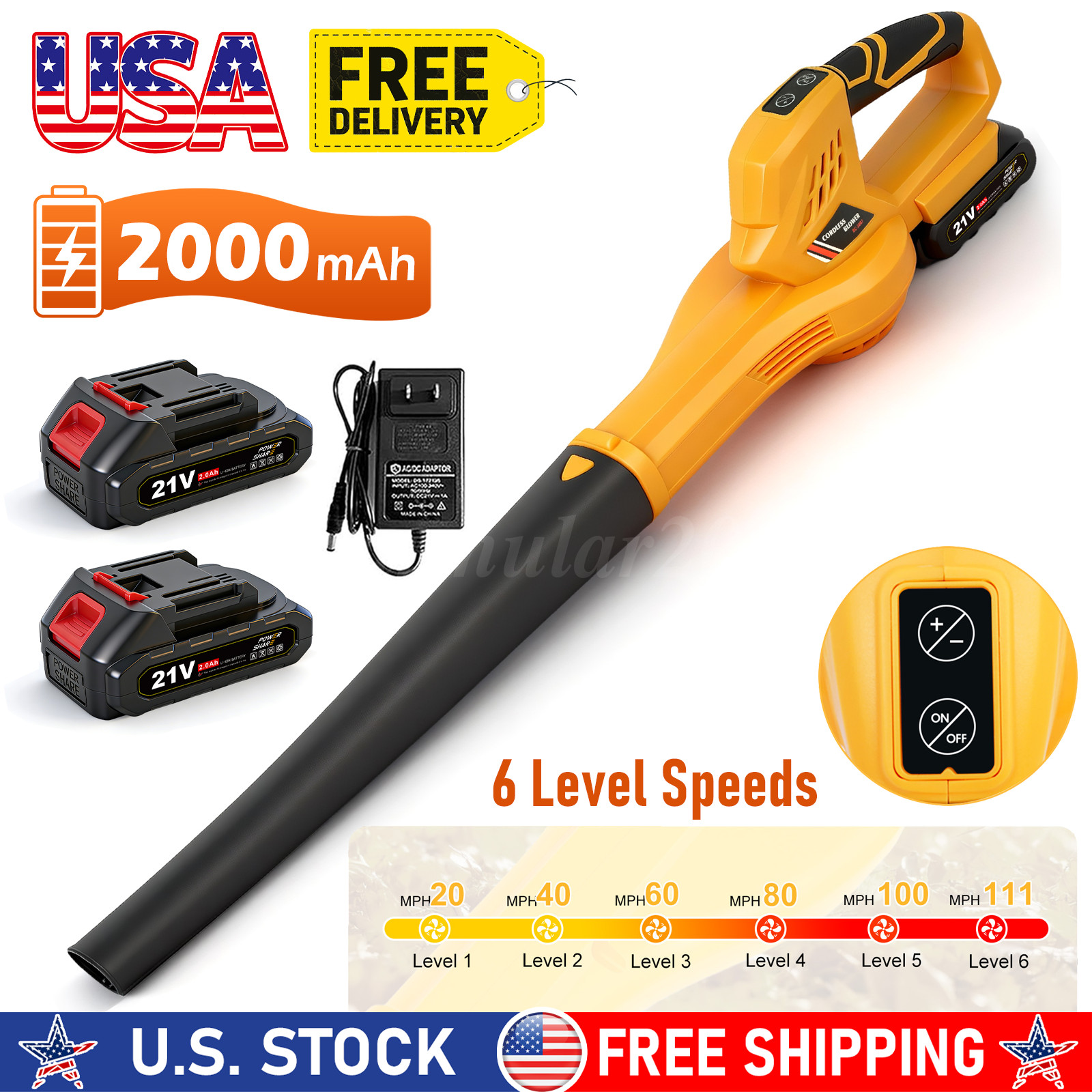 6 Speed Levels & 160cfm 111mph Electric With 2 Batteries Us