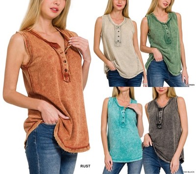 ZENANA 5251 Color Washed Henley Tank top Tunic 100% CottonRaw Edge Exposed Seam