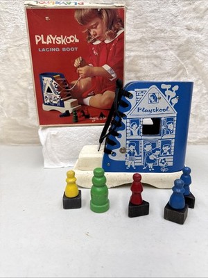 Vintage Original Playskool Wooden Lacing Boot Old Lady In Shoe (In Original Box)