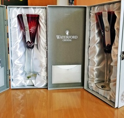 SALE! RARE TWO WATERFORD SNOWFLAKE WISHES FOR JOY RUBY FLUTES, NEW IN THE BOXES