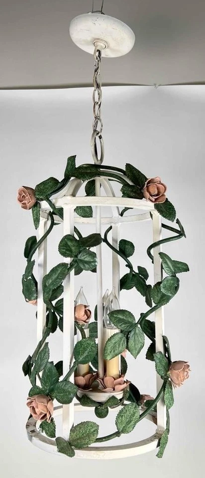 1950s Mid Century Italian Cast Iron Rose Vine Lantern Pendant Light Chandelier - Image 2 of 4