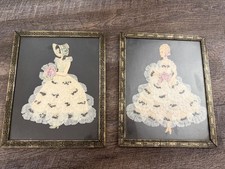 Vintage 1930s Framed Paper Doll and Ribbon/Pressed Flower Collage Art Pieces