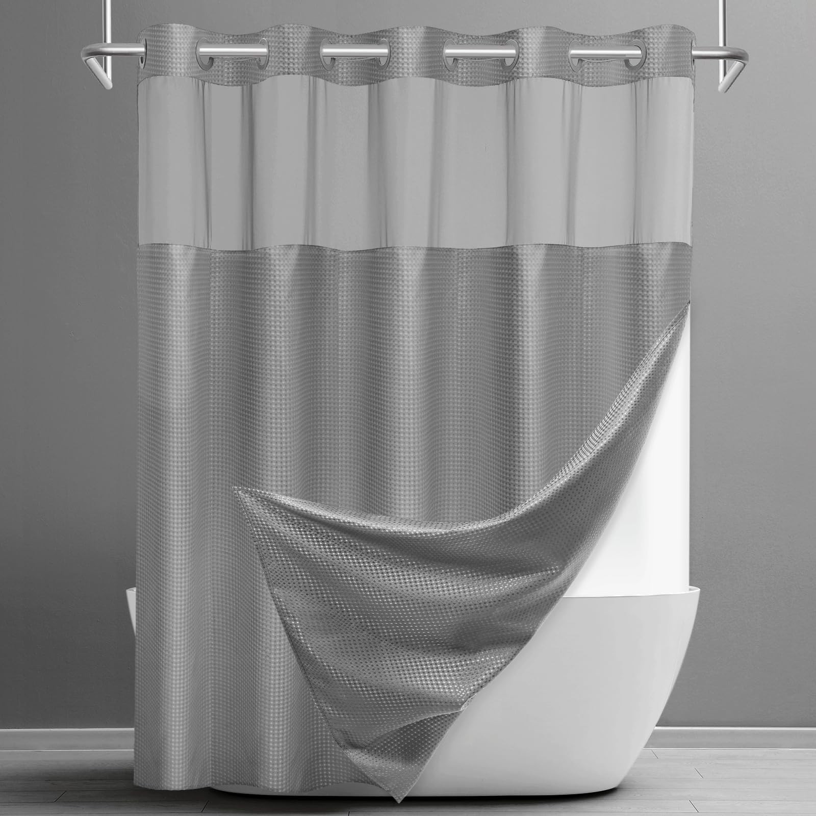 No Hook Shower Curtain with Snap in Liner Set Waffle Shower Curtain for Bathr...