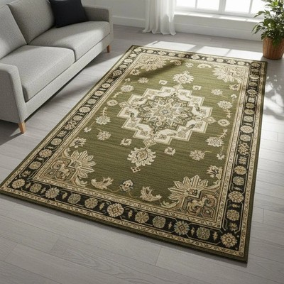 Hand Tufted Traditional Oriental Rug   Green Medallion Floral Carpet for Living