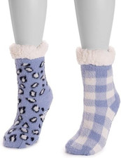 MUK LUKS Women's Cabin Cozy Sock 2 Pairs Blue Leopard and Plaid Size S/M - NEW