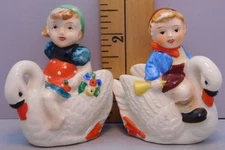 Boy & Girl Riding Swanns Salt and Pepper Shakers - Kids, Children, Birds