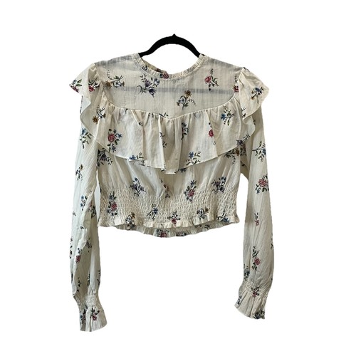 Zara Floral Cream Metallic Striped Long Sleeve Ruffle Crop Smocked Top Juniors L