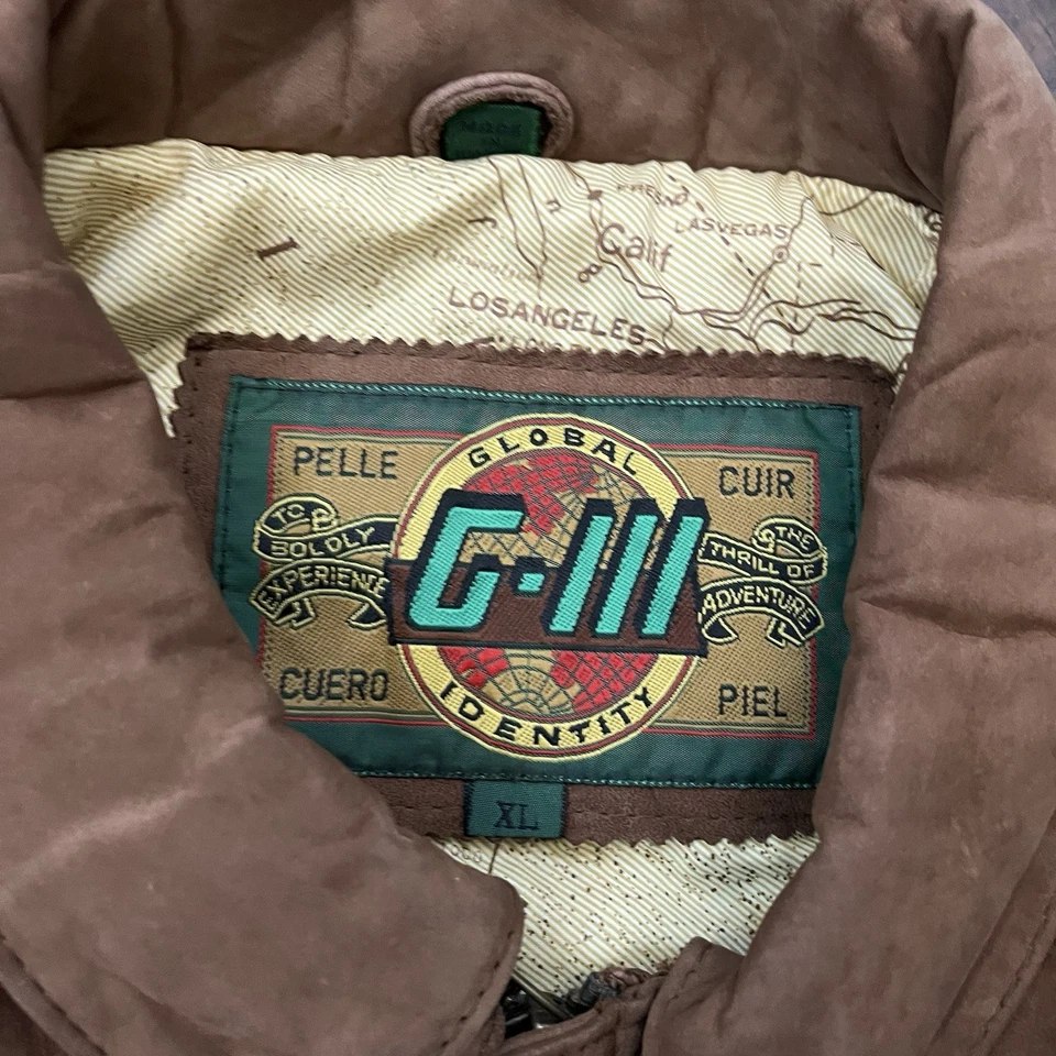 Vintage Global Identity G-III Jacket Mens XL Leather Bomber Flight Brown Map - Image 4 of 4