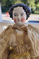 Antique 1850's 23" German China Doll Head Flat Top Covered Wagon Style Unmarked