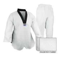 New V-Neck Taekwondo Deluxe Jaquard Diamond Fabric Gi Uniform White w Black Trim