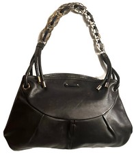 Italian Sergio Rossi Hobo Shoudr Pleat Handbag Brown Leather Silver Chain Strap