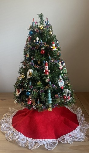 Vintage 50s-60s Artificial Decorated Prelit 21” Christmas Tree Skirt Wooden Base - Picture 8 of 17