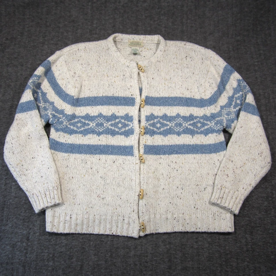 Cárdigan St Johns Bay Mezcla Lana XL Azul Marfil Madera Palanca Botón Nórdico Hygge Foto 2 de 4