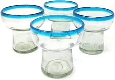 Mexican Hand Blown Glass – Set of 4 Stemless Aqua Rim Margarita Glasses (14oz)
