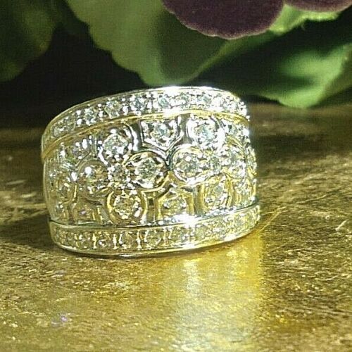 1.5"CM STERLING SILVER RING.BRACKETS OF CUBIC ZIRCONIA W/FLOWER CROSSES BY R - Picture 1 of 12