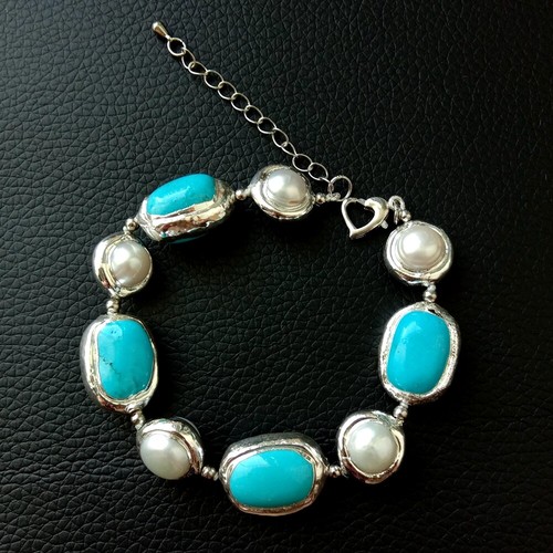 Cultured White Pearl 14x20mm Blue Turquoise Beaded Bracelet Women Men Jewelry - Picture 5 of 6