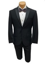 Black Tuxedo with Flat Front Pants Grosgrain Satin Lapels Modern Fit 39R 33W